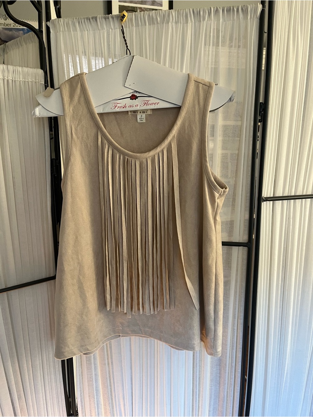 Miami Beige Scoop Fringe-Front Sleeveless Tank Top - Size S